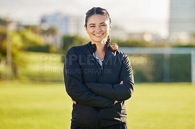 Buy stock photo Soccer woman and coach portrait on field for match game in Mexico with optimistic and joyful smile. Proud, happy and excited Mexican football teacher smiling at professional sports tournament.