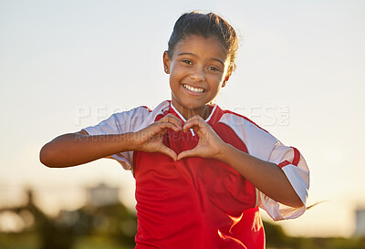 Buy stock photo Heart hand and girl portrait at soccer game with passionate and happy sports player in Mexico. Mexican child football athlete in match showing appreciation, happiness and joy with love shape.