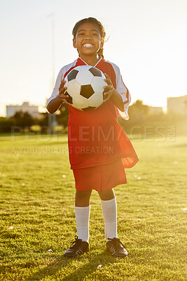 Buy stock photo Football, portrait and girl soccer player on a sports ground ready for a ball game or training match outdoors. Smile, fitness and young kid excited for practice workout on field of grass in Sao Paulo
