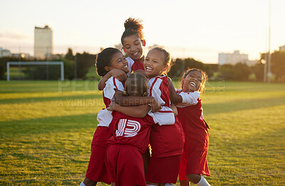 Buy stock photo Celebration, winner and children soccer team happy for goal on the outdoor football field. Happiness, excited and sport friends playing girls football game together and celebrating success or winning