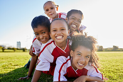 Buy stock photo Girl, soccer and team portrait smile on grass together in sports field for kids game in the outdoors. Happy female children smiling in fun teamwork success for football sport, fitness and exercise