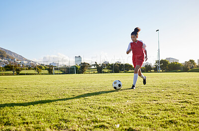 Buy stock photo Girl running on grass field, soccer fitness to kick football and young kid training energy in Brazil. Strong healthy child, future athlete exercise for goal and play outdoor sports game happiness
