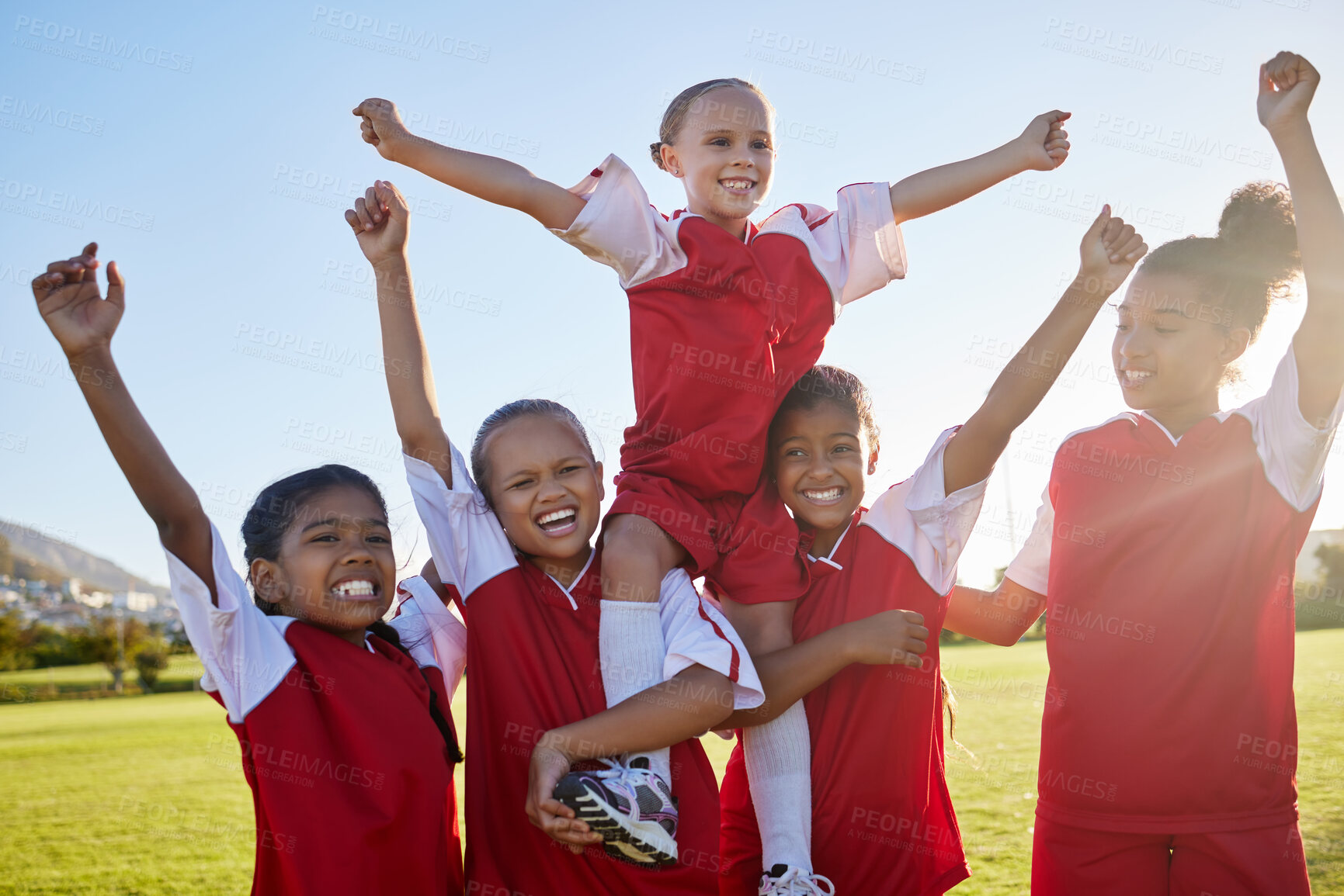 Buy stock photo Girl soccer competition winner, football success celebration and celebrate victory together with team spirit. Fitness training, teamwork and motivation let children sport athlete win competitive game