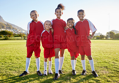 Buy stock photo Sports, football and team portrait of children, friends group or athlete players happy before game. Teamwork, girls partnership and collaboration of youth kids on soccer field for training exercise