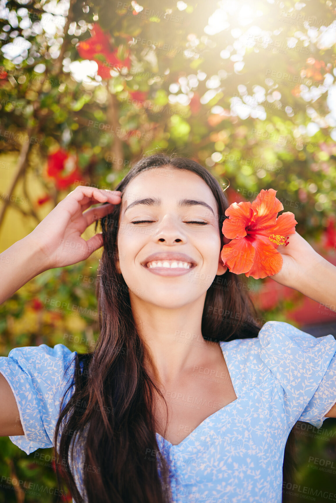 Buy stock photo Girl, tropical flower and garden in summer sunshine on vacation, holiday and spring break in Hawaii. Happiness, wellness and beauty skin care or zen mental health self love, peace, happy and smile.