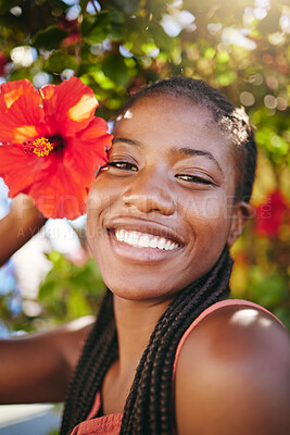 Buy stock photo Summer flower, sunshine and black woman facial beauty care. Happiness, inner beauty and natural happy glow or smile on relaxing, wellness and self care vacation near Hibiscus plant tree