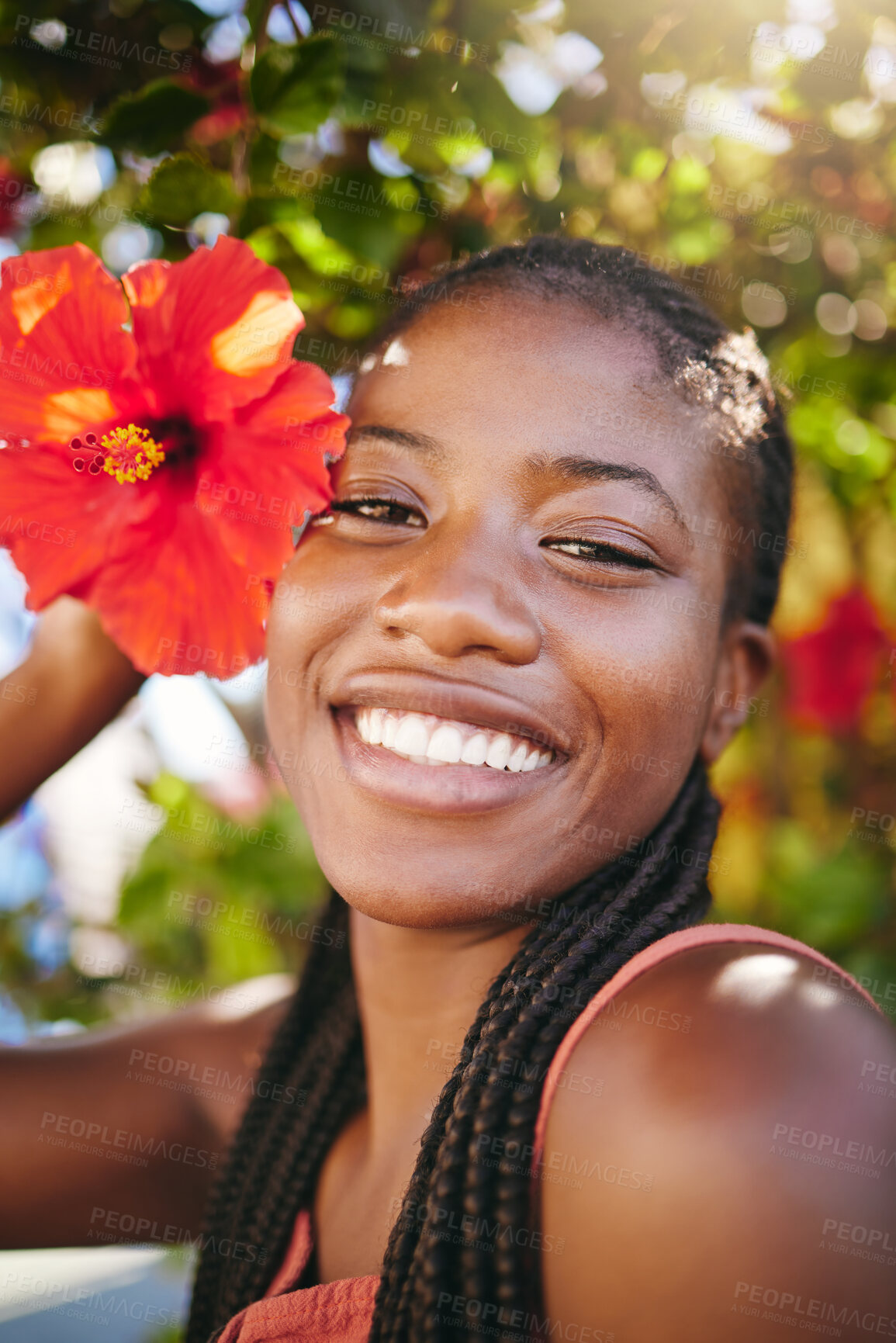 Buy stock photo Summer flower, sunshine and black woman facial beauty care. Happiness, inner beauty and natural happy glow or smile on relaxing, wellness and self care vacation near Hibiscus plant tree