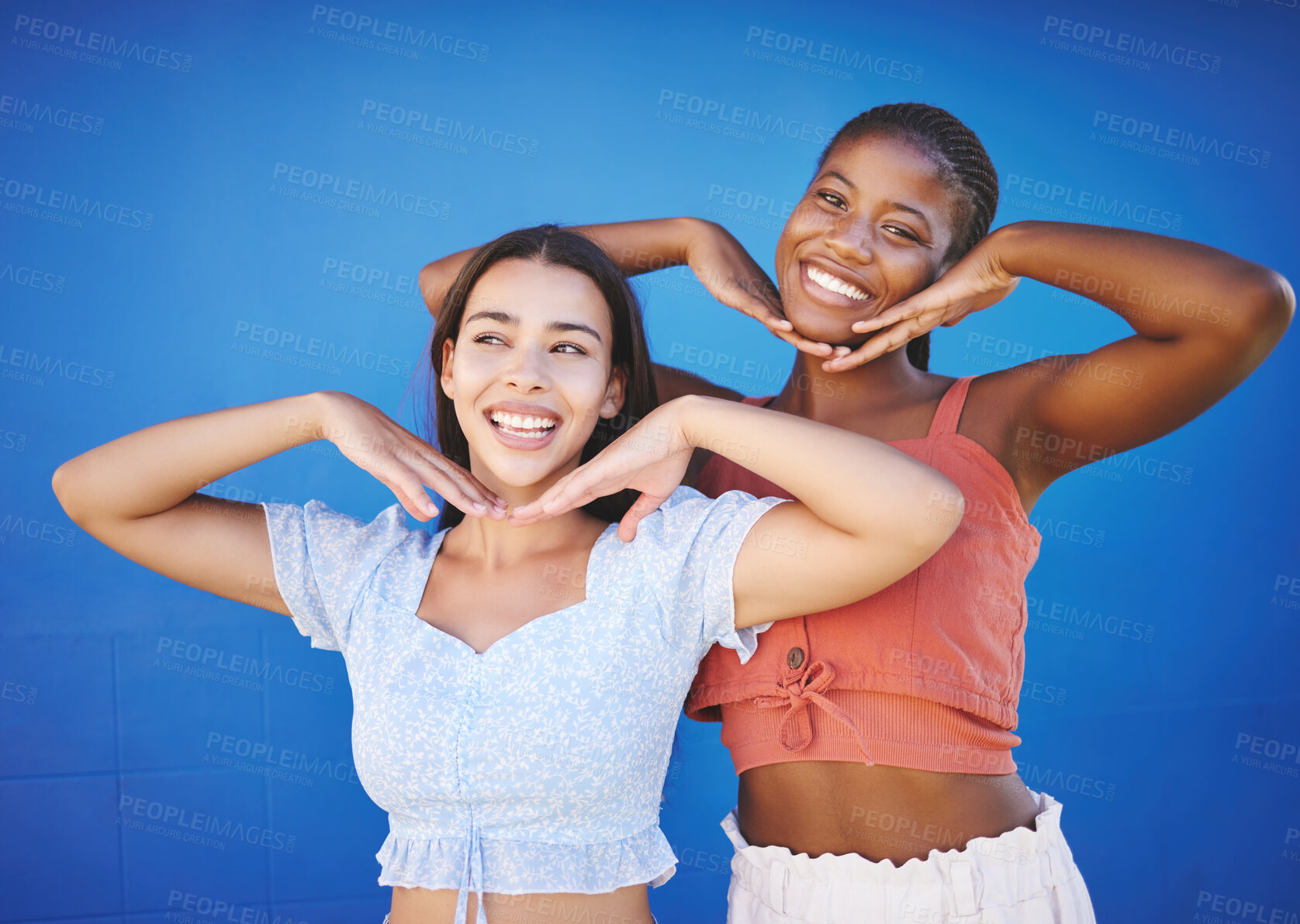 Buy stock photo Smile, beauty and friends with smile and comic hands against a blue mockup studio background together. Portrait and thinking face of black woman and girl being happy and funny with a gesture