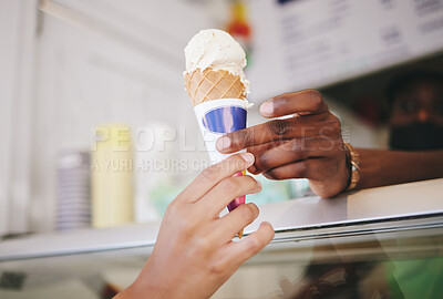 Buy stock photo Hands, ice cream and woman buying icecream cone at a shop, local and small business support. Sugar, dessert and person purchase snack from seller to enjoy on summer day as a frozen sweet in the city