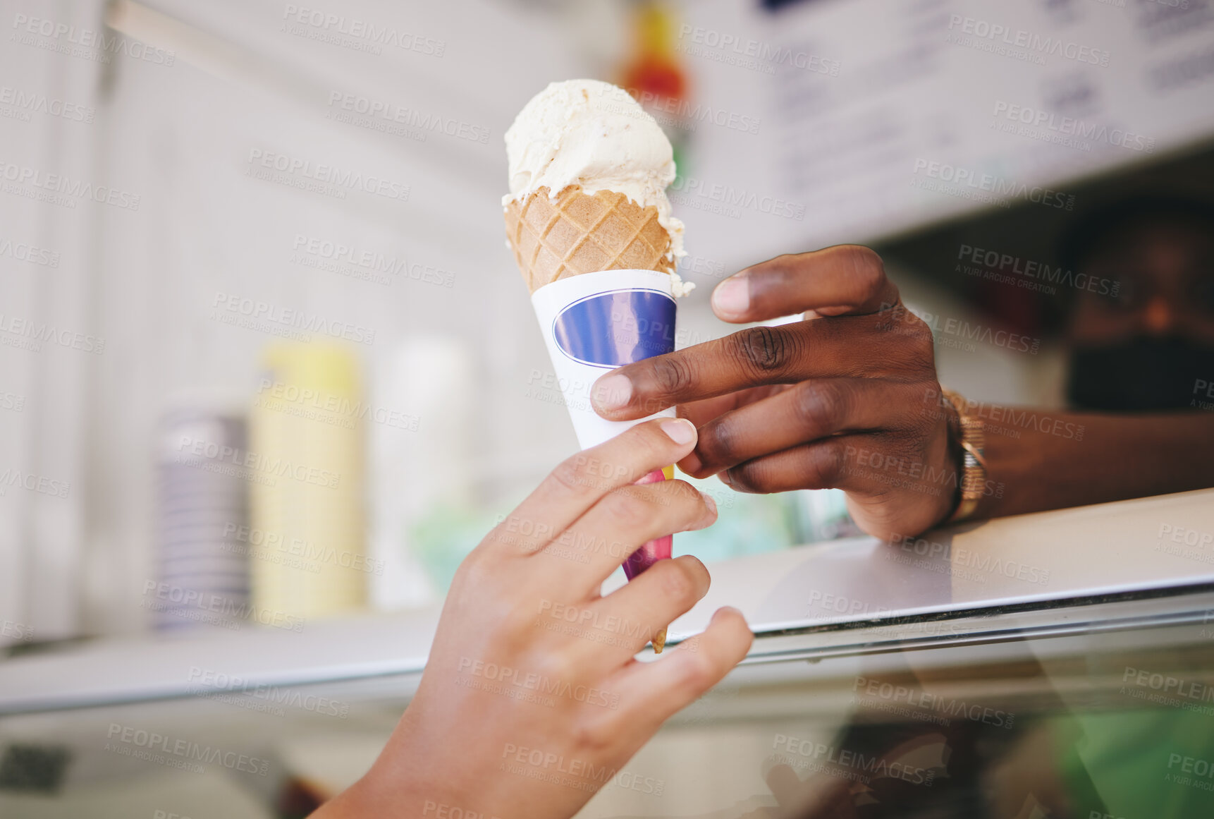 Buy stock photo Hands, ice cream and woman buying icecream cone at a shop, local and small business support. Sugar, dessert and person purchase snack from seller to enjoy on summer day as a frozen sweet in the city