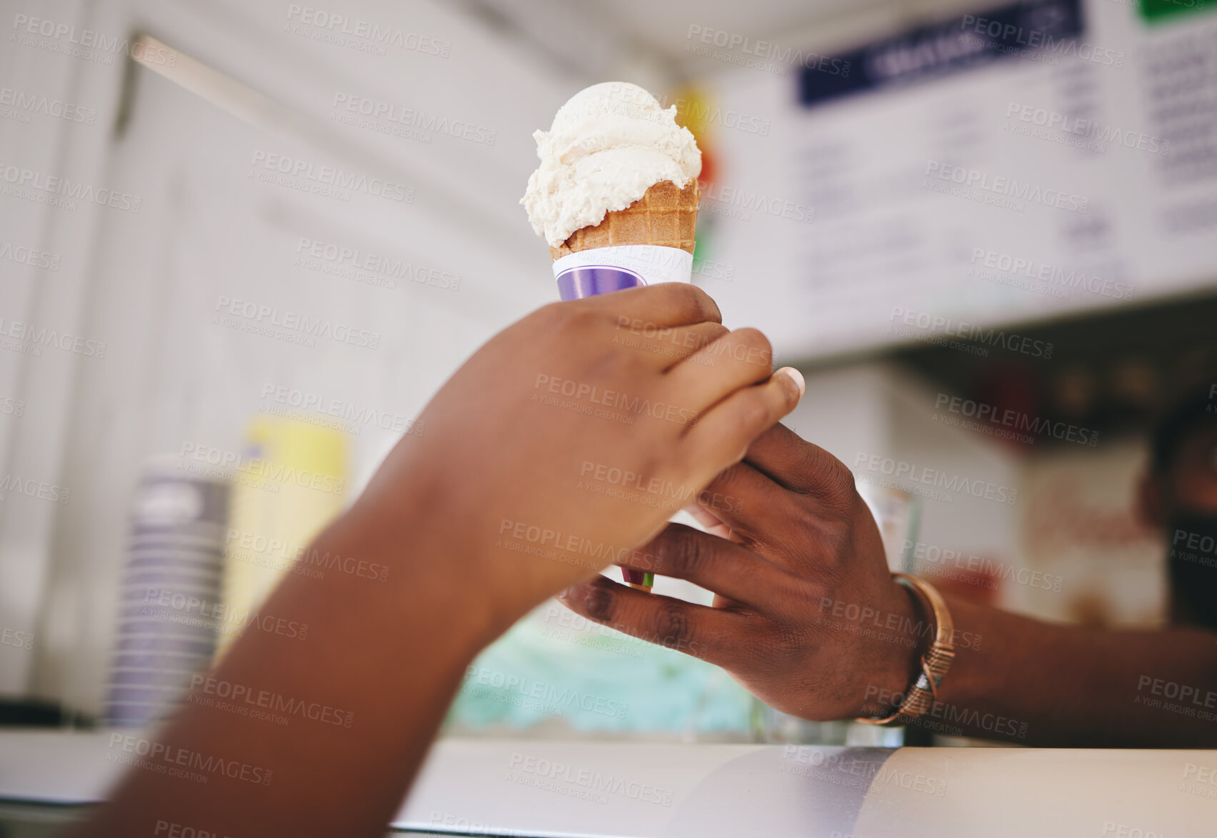 Buy stock photo Hands, customer and ice cream for woman buying cone at local shop for small business support. Counter for sugar, dessert and gelato purchase snack from seller person to enjoy frozen product in summer