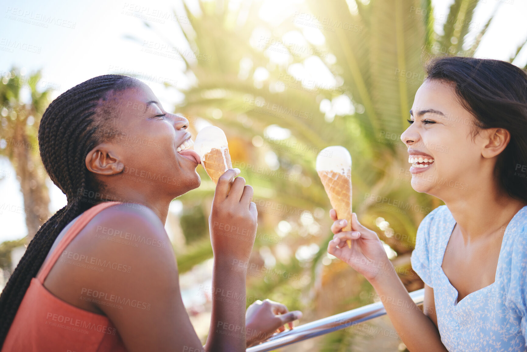 Buy stock photo Laugh, smile and friends with ice cream on the beach while on summer vacation or trip together. Happiness, joy and girl best friends eating dessert in nature by the ocean or sea while on holiday.