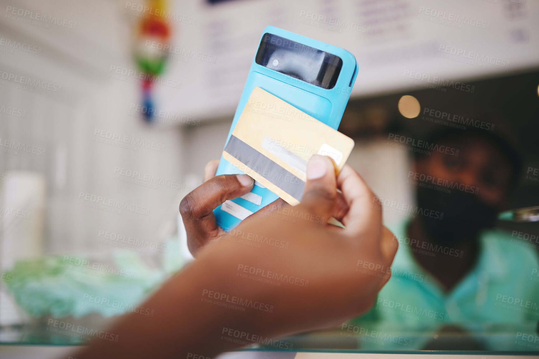 Buy stock photo Customer hand payment using credit card, machine and 5g technology. Manager or cashier transacting with internet and nfc to tap or scan for the bill at grocery store contactless checkout point

