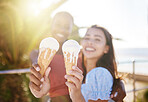 Ice cream, hands and women friends in city, outdoors or town having fun spending summer vacation time together. Diversity, love and lesbian couple or girls hug while eating gelato on date or walk.