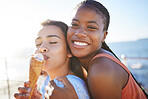 Ice cream, summer and friends on beach in portrait for holiday or outdoor gen z lifestyle with sunshine and mockup. Happy, diversity teenager women or couple smile eating icecream dessert by the sea