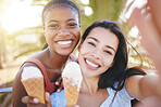 Women, ice cream or selfie in summer travel, holiday or vacation in Miami Florida. Zoom, happy or smile portrait of friends or fashion students pov for social media photograph with sweet dessert food