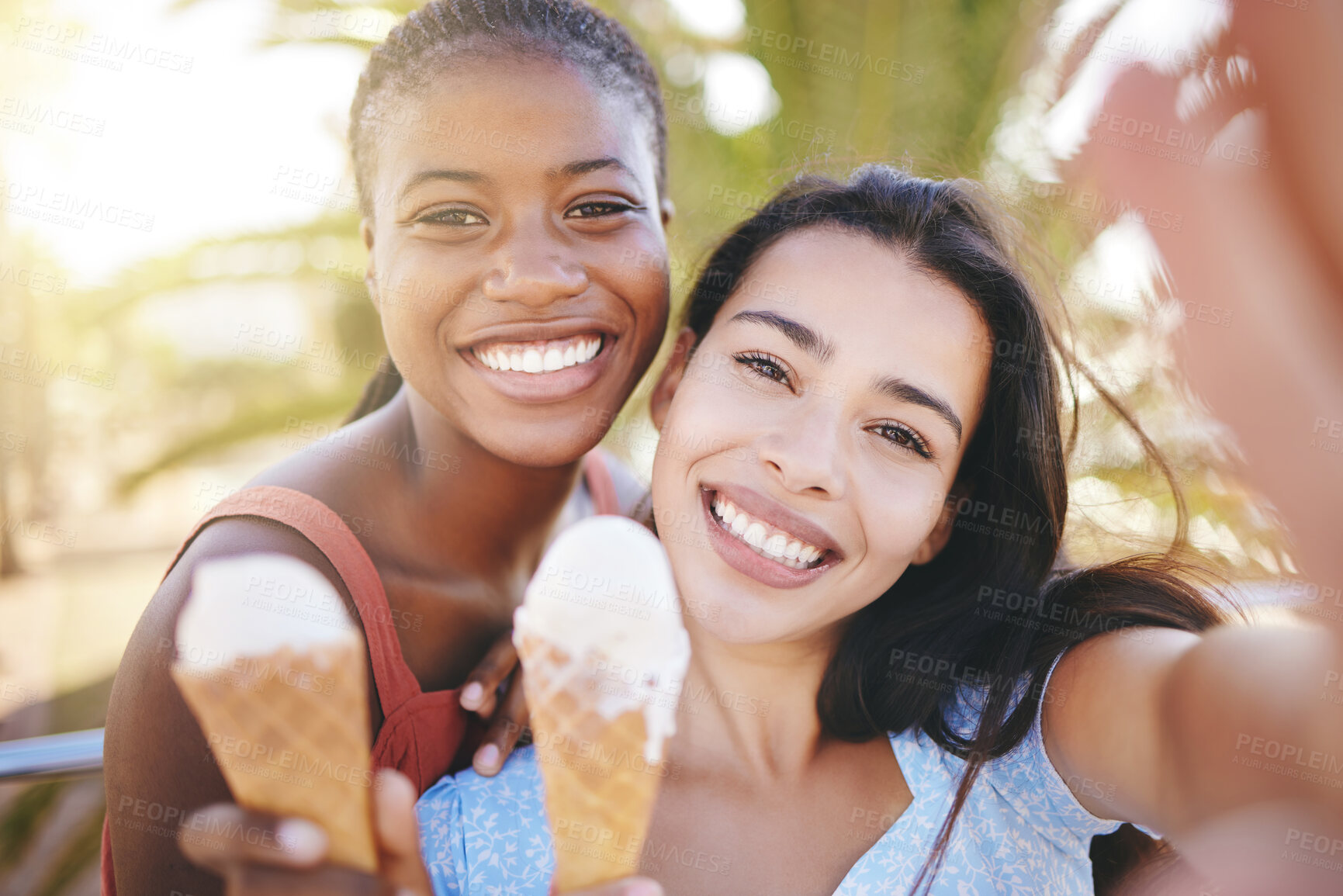 Buy stock photo Women, ice cream or selfie in summer travel, holiday or vacation in Miami Florida. Zoom, happy or smile portrait of friends or fashion students pov for social media photograph with sweet dessert food