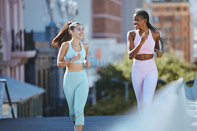 Buy stock photo Fitness women, running and training in the city for healthy exercise, cardio and workout together in the outdoors. Athletic woman friends smile for run and exercising in a urban town for wellness