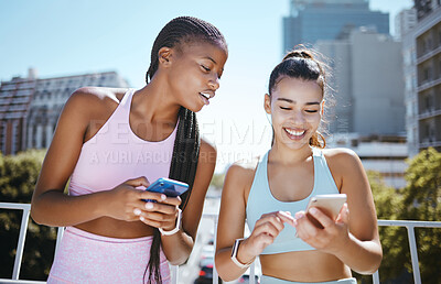 Buy stock photo Friends, phone and laughing during exercise for social media, blog or meme while in city together. Women, smartphone and smile with diversity during training, workout or run in Los Angeles in summer