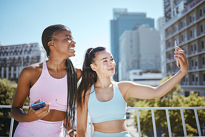 Buy stock photo Fitness selfie, urban city and women friends or influencer for outdoor workout, motivation and training. Personal trainer or runner couple people taking photo together for social media wellness post