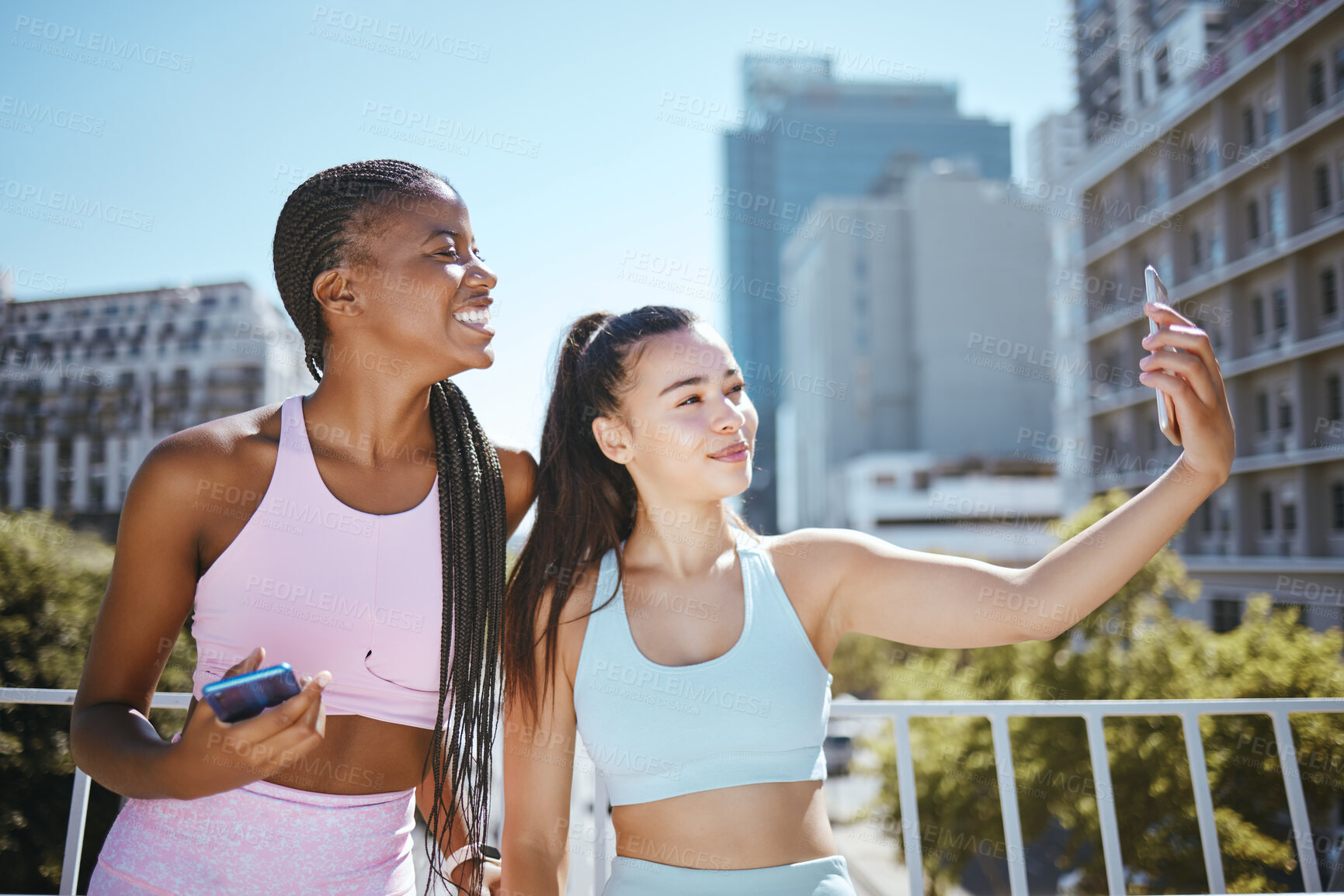 Buy stock photo Fitness selfie, urban city and women friends or influencer for outdoor workout, motivation and training. Personal trainer or runner couple people taking photo together for social media wellness post