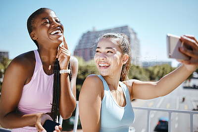 Buy stock photo Happy, phone and fitness friends selfie in the city after workout, exercise or training yoga class or pilates. Photo of smile, training or cheerful women bonding, fun and standing in town or miami