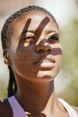 Buy stock photo Shadow, fitness and hand of black woman for safety from sun during cardio training in city of New Zealand. Face of an African runner thinking of motivation for run, exercise and workout with cover