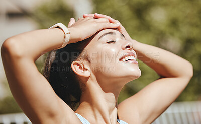 Buy stock photo Face, relax and woman in sun happy with outdoor leisure and peaceful break for mental wellness. Stress free latino girl with relaxed, optimistic and positive smile enjoying sunshine rest. 