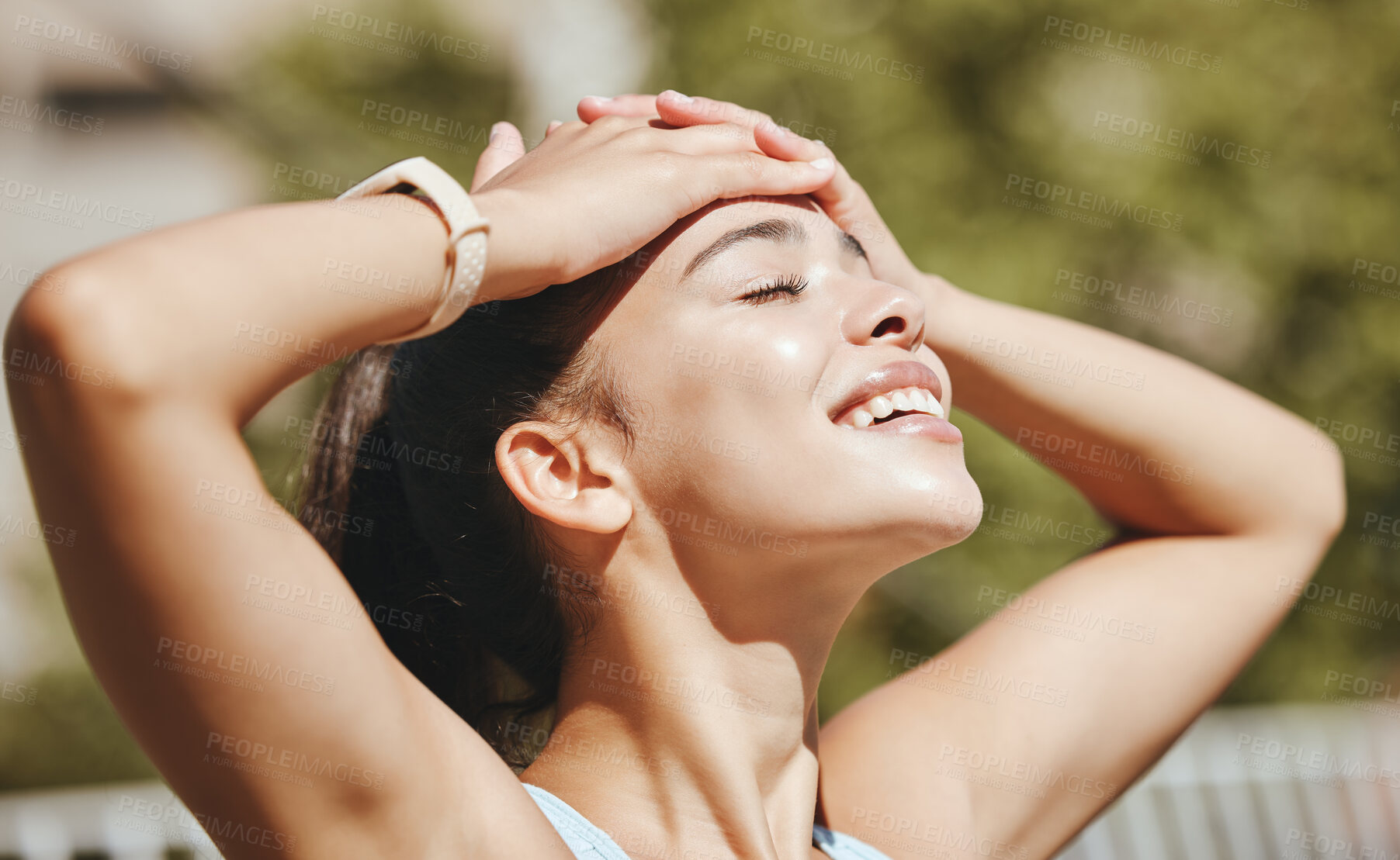 Buy stock photo Face, relax and woman in sun happy with outdoor leisure and peaceful break for mental wellness. Stress free latino girl with relaxed, optimistic and positive smile enjoying sunshine rest. 