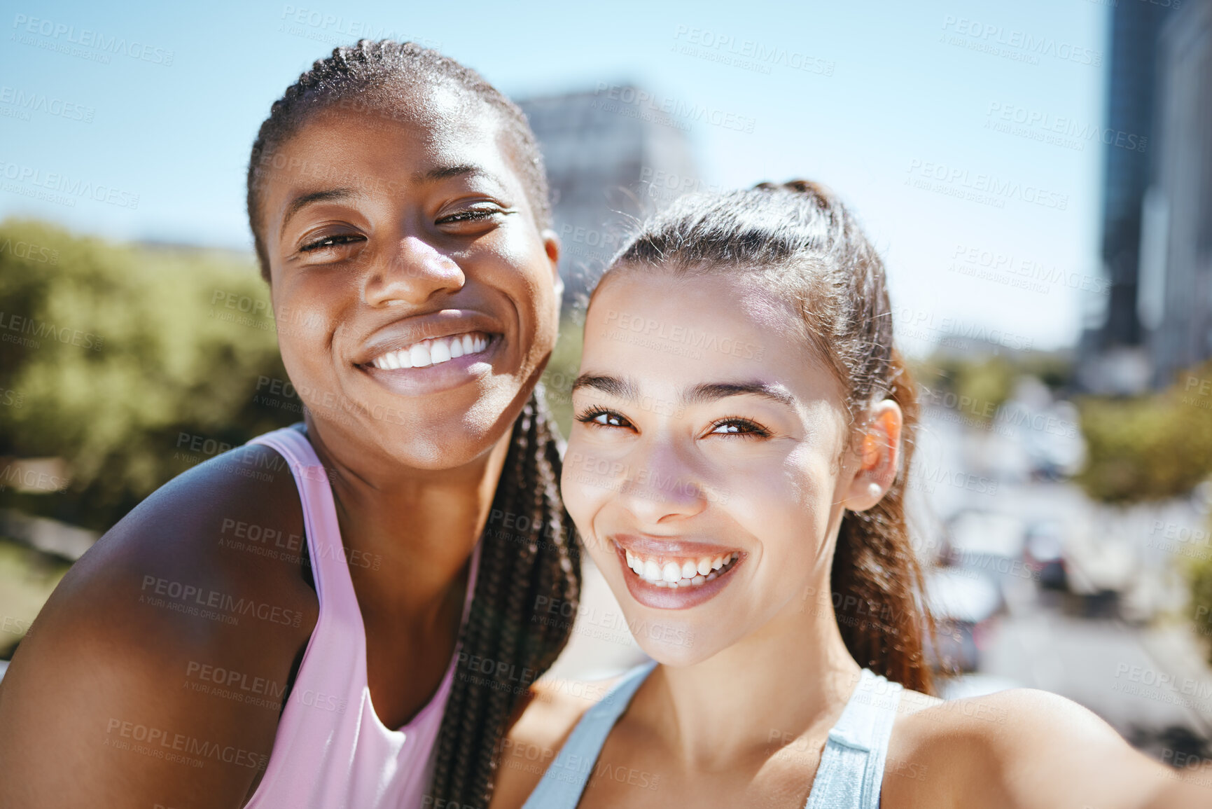 Buy stock photo Interracial woman, friends and selfie smile for sports health, workout and exercise together in the city. Portrait of happy athletic women smiling in happiness for friendship photo in a urban town