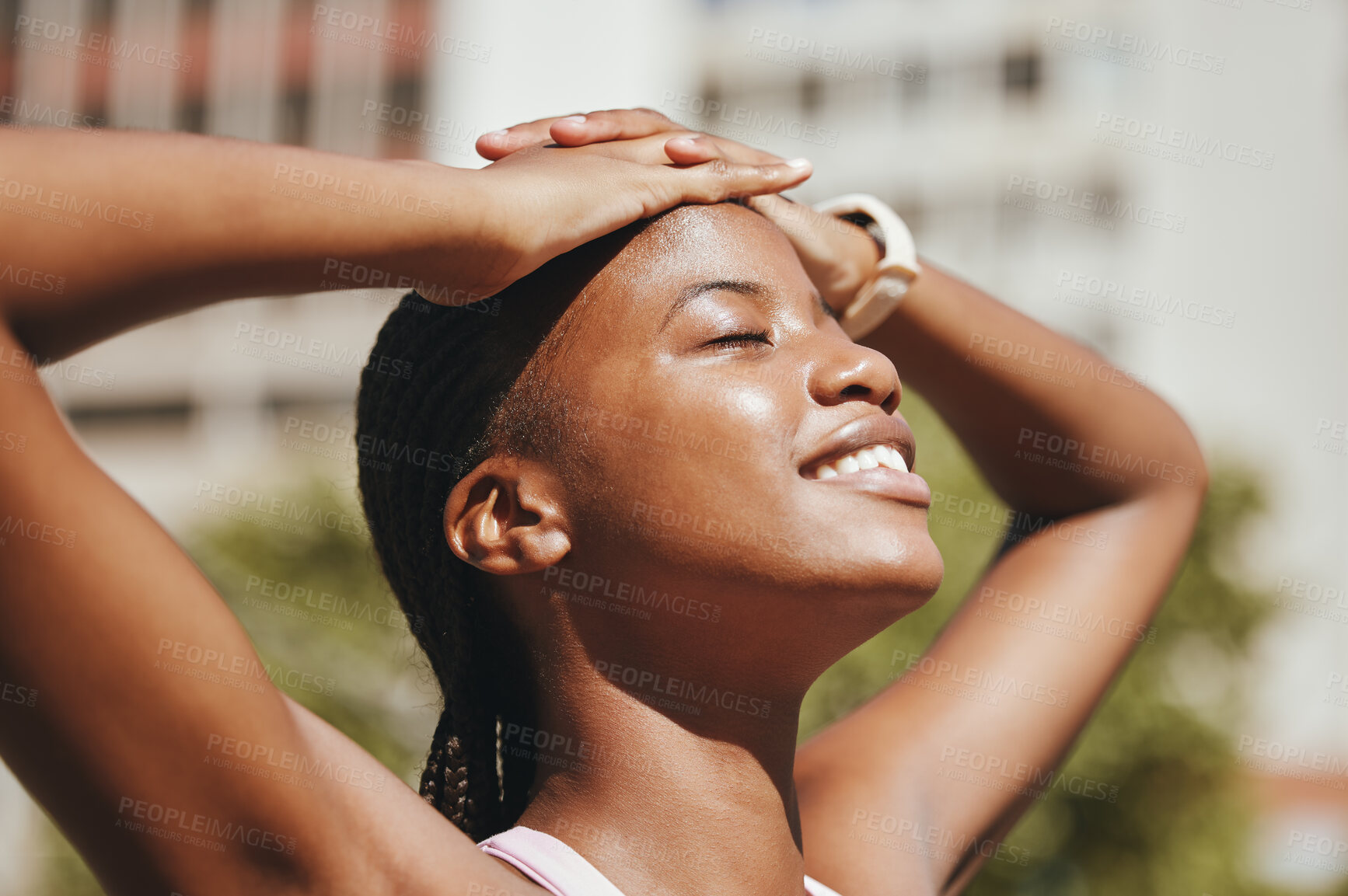 Buy stock photo Face, breathing air and and black woman in the sun to relax while on a wellness exercise walk in nature. Happiness, freedom and calm african girl taking a break in outside park during healthy workout