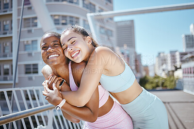 Buy stock photo Fitness, city and hug from woman couple with exercise motivation, workout love and training wellness together in summer. Happy diversity sports friends or people exercise support or healthy lifestyle