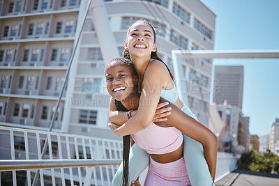 Buy stock photo Women athlete friends, workout fun in city and healthy strong training with young girl support. Urban Miami fitness piggy back, couple exercise together in summer and happy laughing smile playing