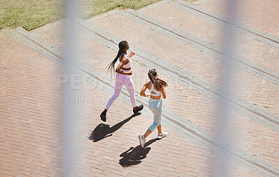 Buy stock photo Running, fitness and women friends exercise on steps outdoor for healthy lifestyle, wellness motivation and accountability. Sports friends, couple or runner people doing workout training together