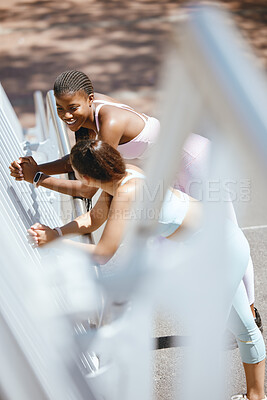 Buy stock photo Fitness, girl friends and talking on break outside after sports, workout and healthy lifestyle training. Happy, smiling and cheerful black women having a conversation on friendship or sport
