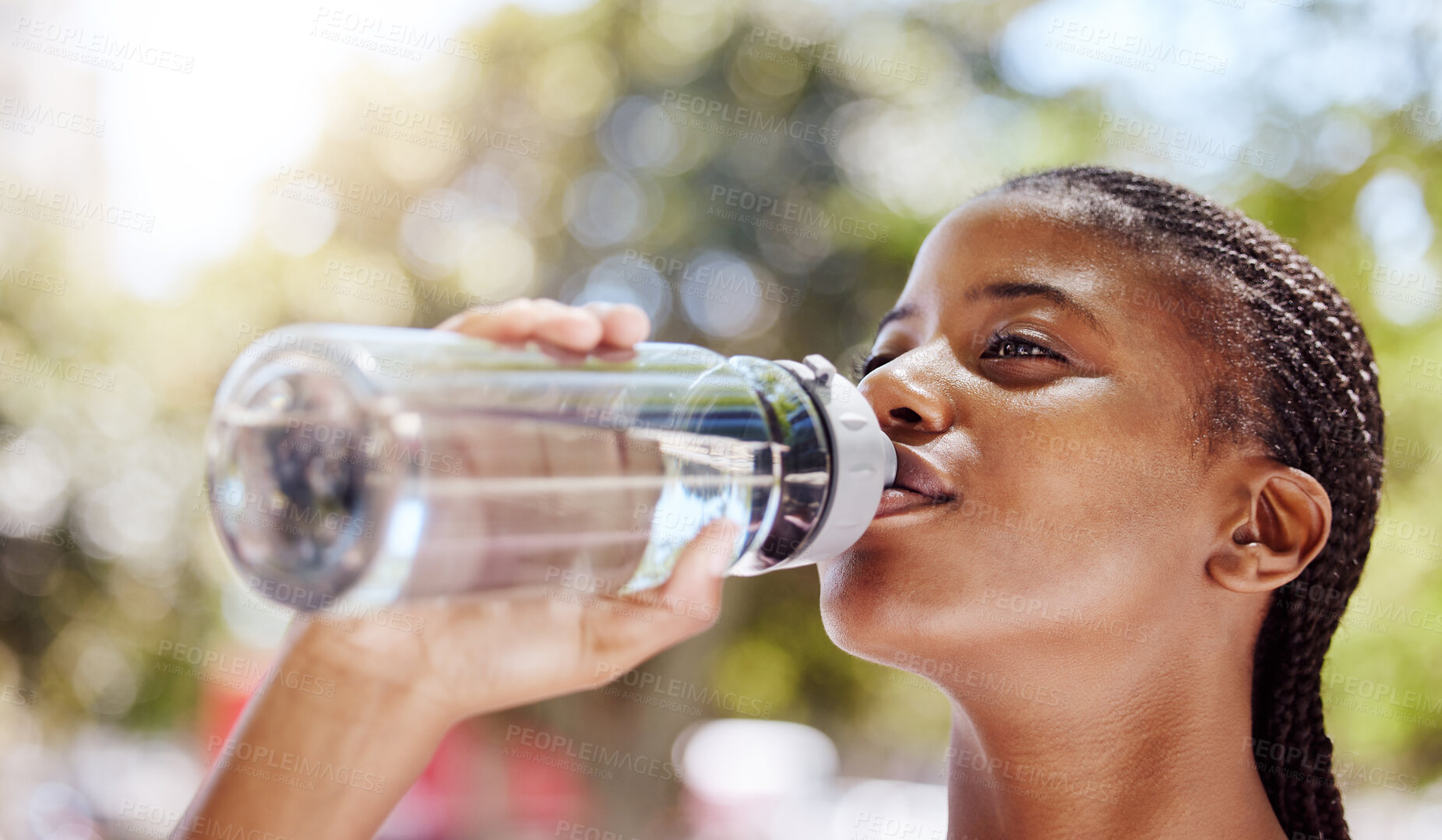 Buy stock photo Fitness girl drink bottle of water to refresh after sports exercise, marathon training run or cardio workout. Health, wellness and tired black woman, runner or athlete relax with liquid after running