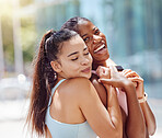 Hug, fitness and friends training in the city with smile for outdoor workout together in summer. Portrait of black woman and runner hugging as motivation for exercise and energy for cardio in Canada