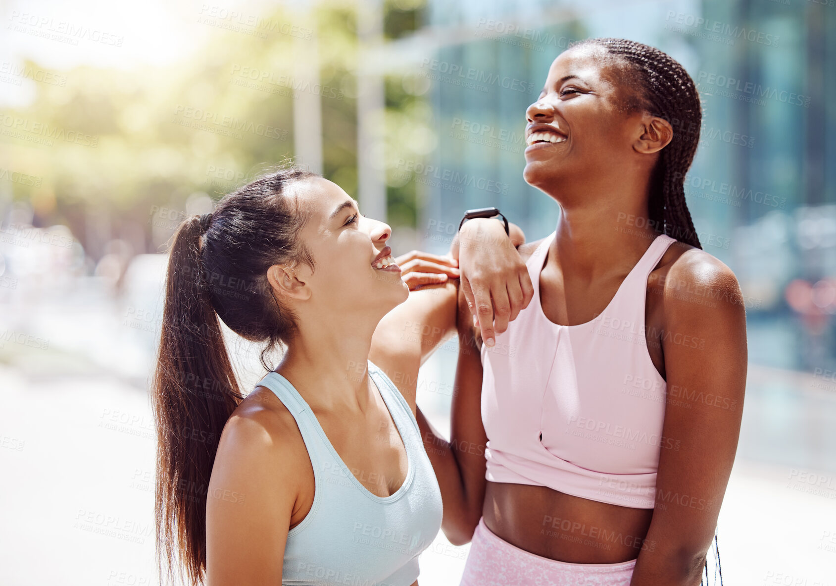 Buy stock photo Women, laughing and bonding in city workout, training and exercise for health and wellness cardio in London. Smile, happy and sports friends, people or personal trainer with fitness goals and mindset