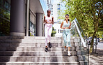 Running steps, city fitness and women cardiovascular exercise training, workout and healthy lifestyle in urban outdoors. Two diversity athlete, runner and motivation in sports, strong body and pace

