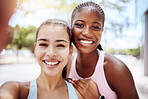 Fitness, selfie and friends in park bokeh portrait for outdoor workout exercise together. Happy diversity influencer couple or personal trainer people taking photo for wellness social media update