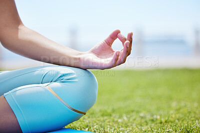 Buy stock photo Woman yoga meditation, zen and mudra hands in lotus pose for nature exercise, workout and peace outdoor grass. Calm energy, health and focus person in lotus training for mindset, wellness and relaxed