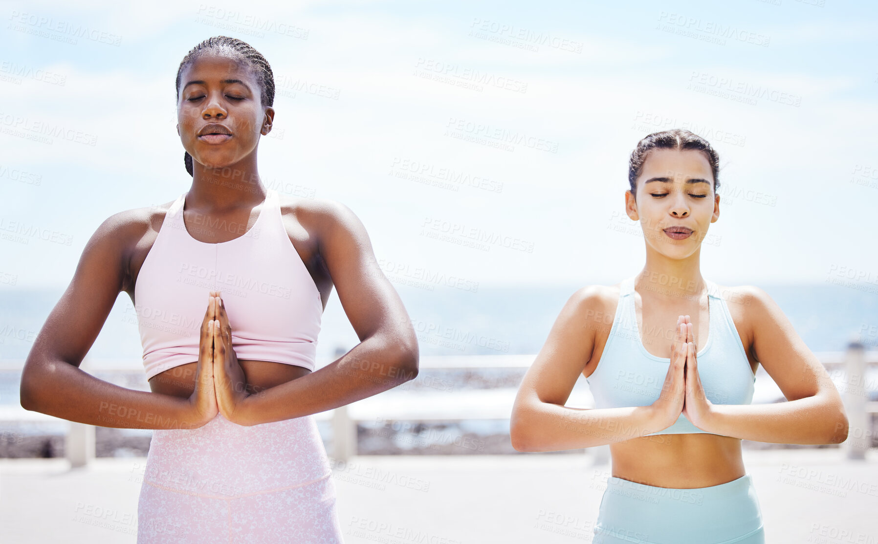 Buy stock photo Yoga, zen and meditation with girl friends outdoor for training, workout and exercise on the beach. Fitness, sport and health with a female and friend exercising during summer for spiritual wellness