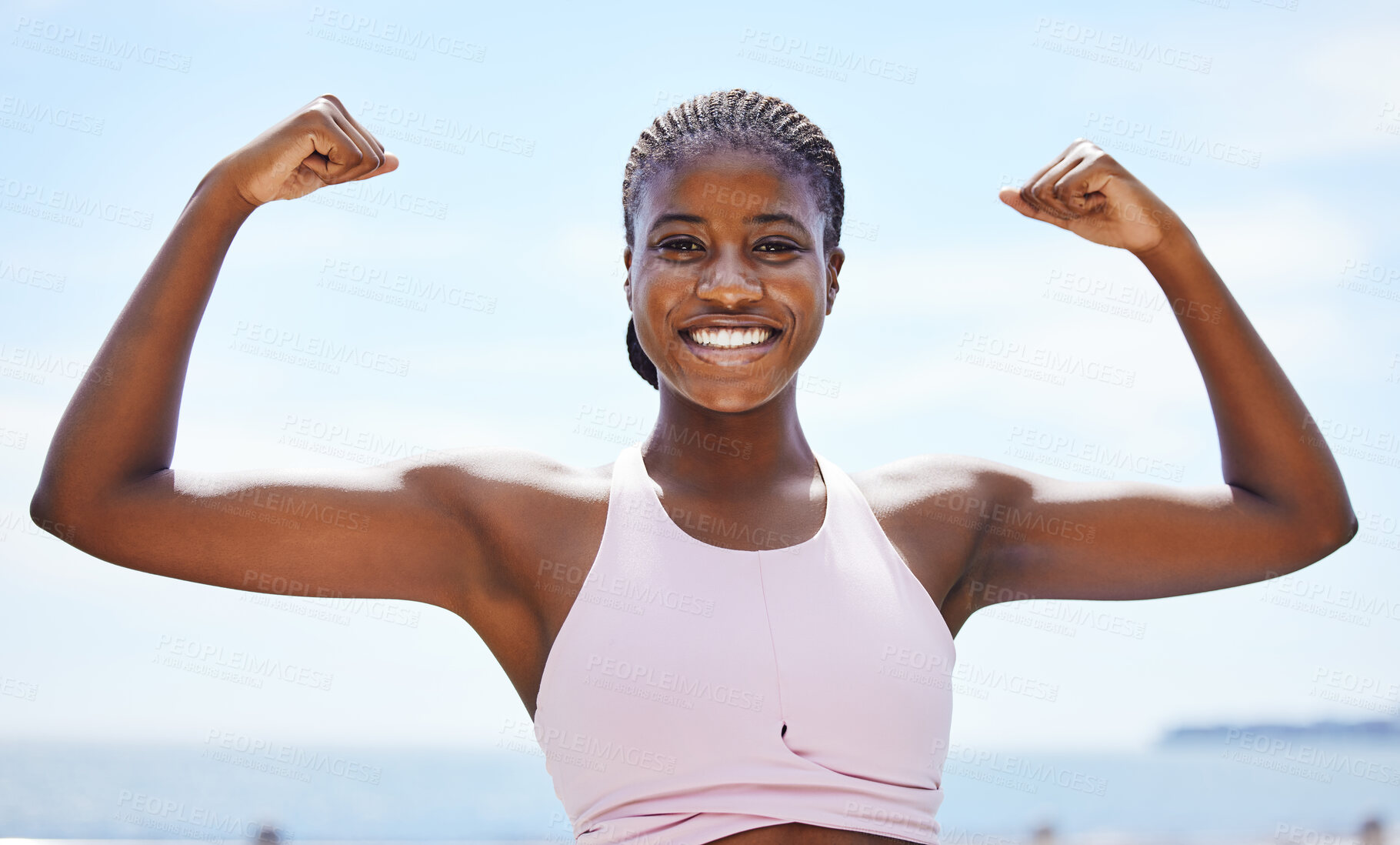 Buy stock photo Strong black woman flexing arms, muscle and body power, fitness and wellness in urban Jamaica outdoors. Portrait proud female athlete energy, exercise and happiness of healthy bodybuilder lifestyle