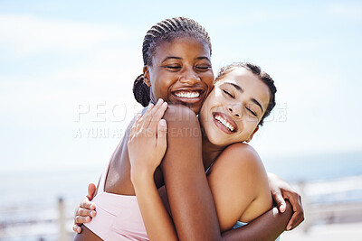 Buy stock photo Women, hug and success after fitness, workout and training by beach, sea or ocean in Miami, Florida. Smile, happy or embrace sports friends in celebration of exercise goals, health target or wellness