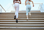 Fitness women, legs running steps and exercise together for healthy lifestyle, wellness and marathon workout in urban outdoors. Back of sports athlete friends, city training and stairs cardio workout