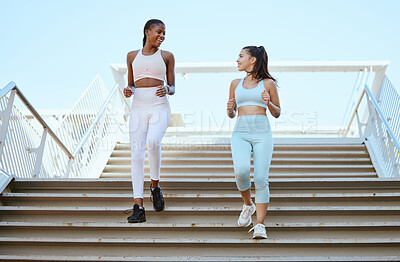 Buy stock photo Fitness women, running steps and exercise for healthy lifestyle, wellness and marathon training in urban city outdoors. Happy athletes, runners and friends cardiovascular workout down stairs together
