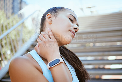 Buy stock photo Woman, neck pain or injury in city fitness, workout or training for health, wellness or marathon exercise in Mexico. Zoom, hand or face of runner in pain from sports burnout, stress or anatomy crisis