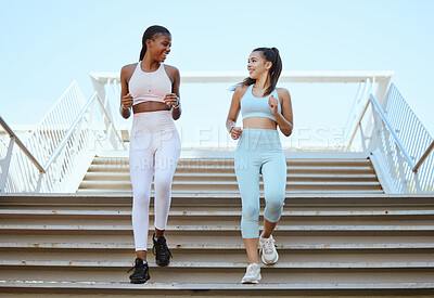 Buy stock photo Fitness, health and exercise with personal trainer and woman workout on stairs, talking and bonding. Friends training and cardio workout by cheerful ladies enjoying healthy lifestyle and morning run