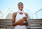 Fitness, music and phone with black woman by stairs for streaming service or social media while exercise, workout or training. Mobile, wellness and portrait of girl with headphones for sports