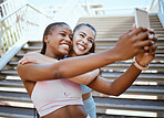 Diversity, phone and fitness friends take selfie as girls running, training and cardio workout outdoors together. Sports, Smile and black woman with Latino best friend in Washington DC to exercise 